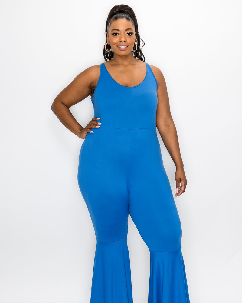Front of a model wearing a plus size Josie Flared Leg Jumpsuit in Cobalt by L I V D. | dia_product_style_image_id:241811